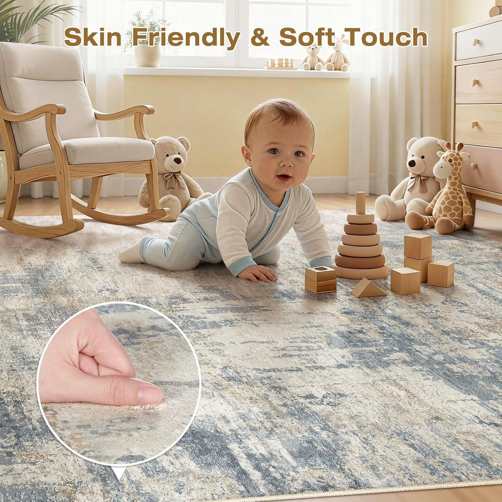 cotiled 10x14 Area Rugs Living Room: Washable Abstract Rug Light Blue