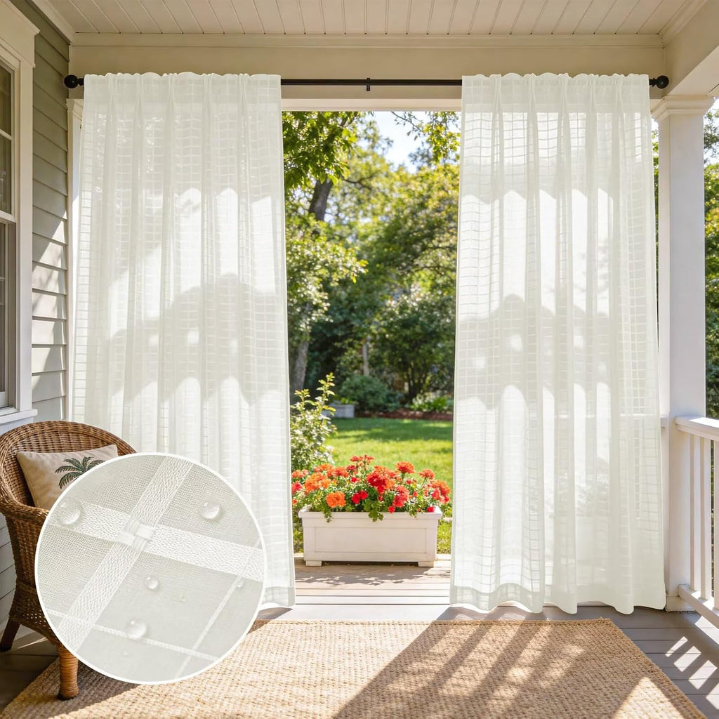 4 Panels Outdoor Sheer Curtains for Patio, Jacquard Check Curtains for Patio Waterproof, Indoor Outdoor Drapes for Gazebo Pergola Balcony Pool Spa (Ivory, 52 x 120 inch)