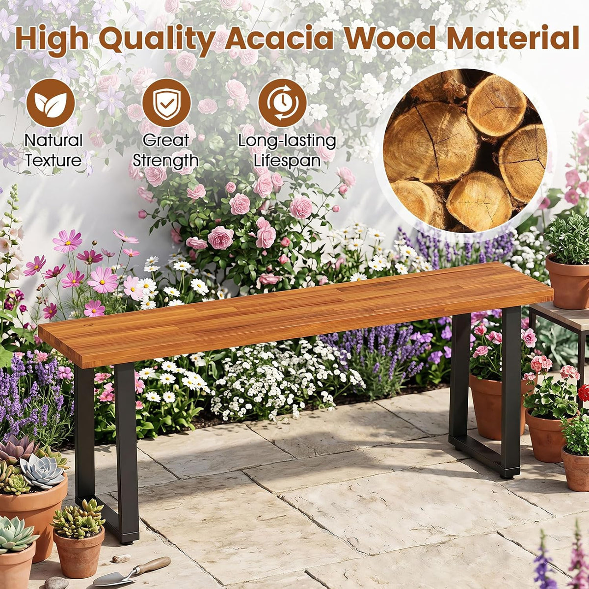 Tangkula Acacia Wood Outdoor Bench, 2-Person Backless Patio Dining Bench