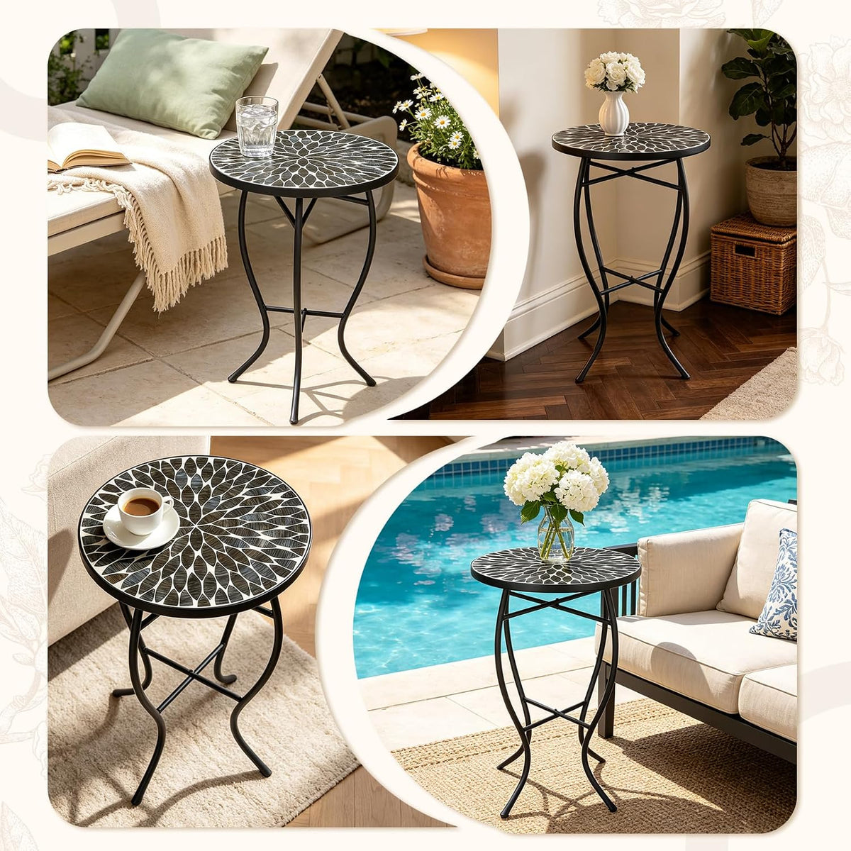 MUMTOP 14" Mosaic Outdoor Side Table, Small Round Patio Accent Table,Black