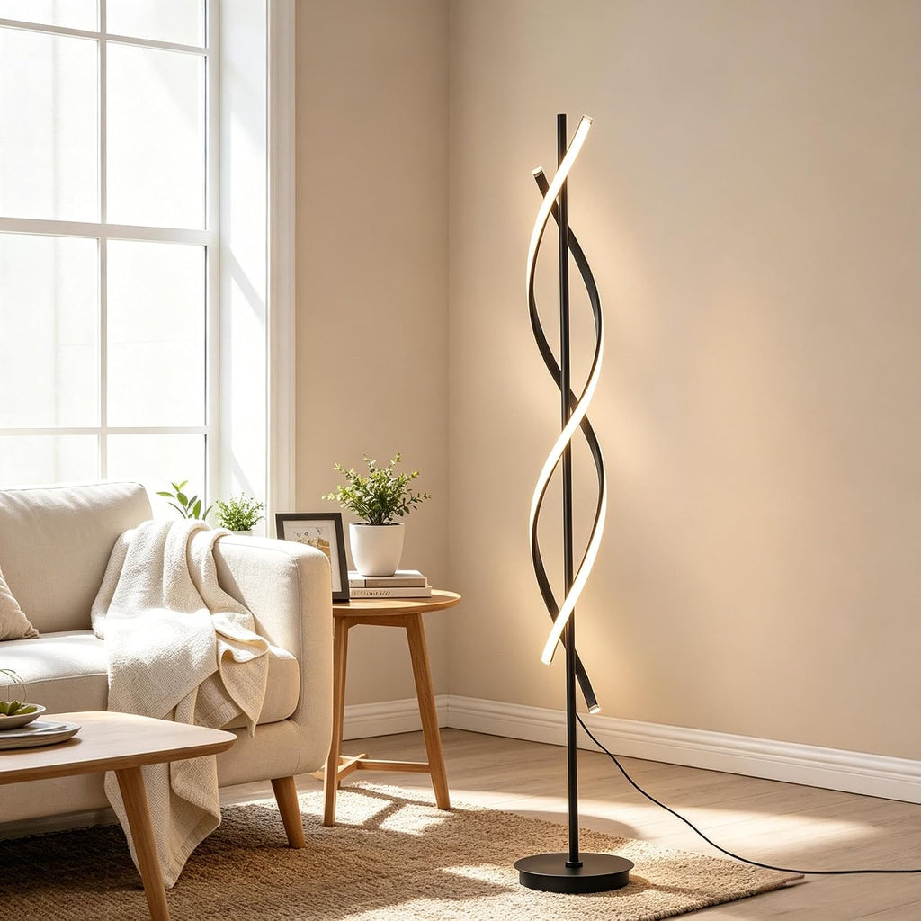 60" Black ModernSpiral Floor Lamp, 40W Dimmable LED Standing Light with Remote & 3 Color Temperatures for Living Room Bedroom Office