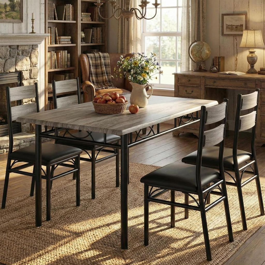 IDEALHOUSE Rectangular Kitchen Table and Chairs Set for 4, 5 Piece Dining Table Set for 4, High-Back Upholstered Chairs, Heavy-Duty Frame, Saving Space, for Dinner Dinette, Apartment, Rustic Gray