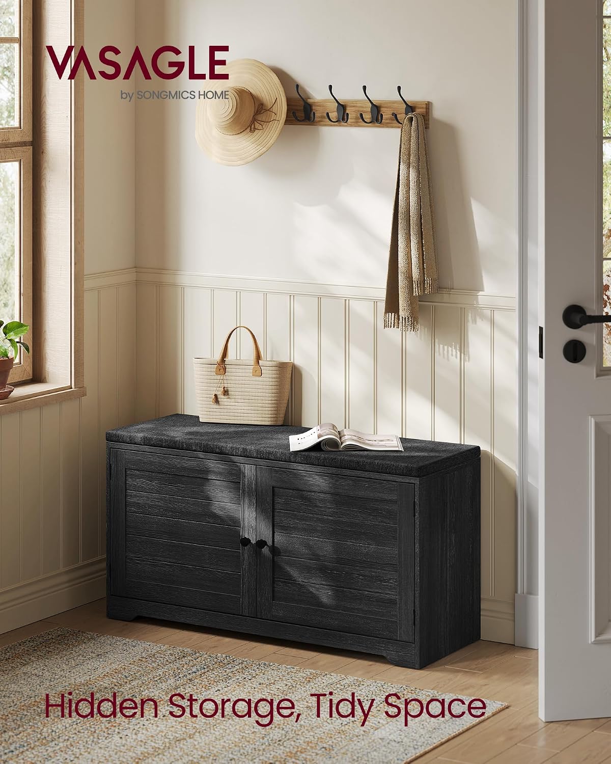 vasagle 3-tier shoe storage bench with cushion, 14 shown in use