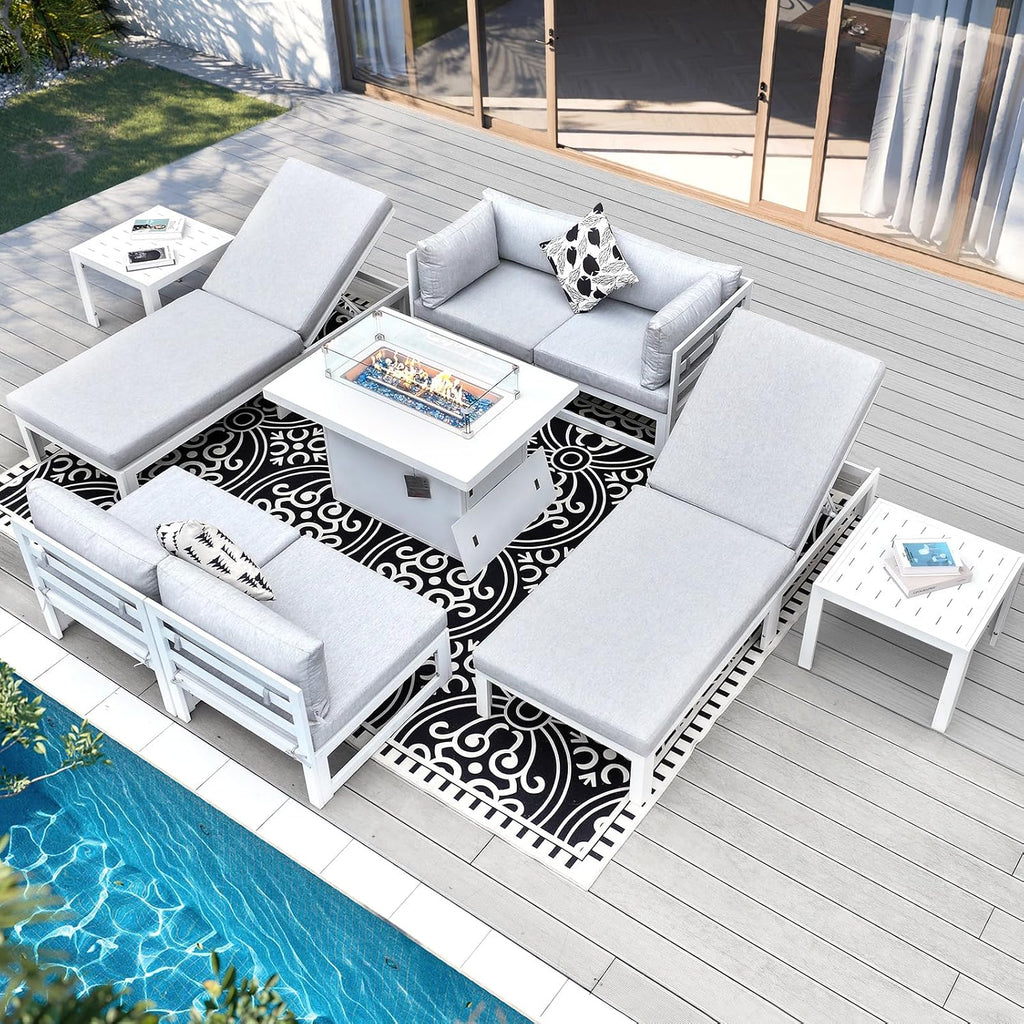 RADIATA 9 Piece Aluminum Outdoor Sofa Set w/Fire Pit & Lounge Chair, White
