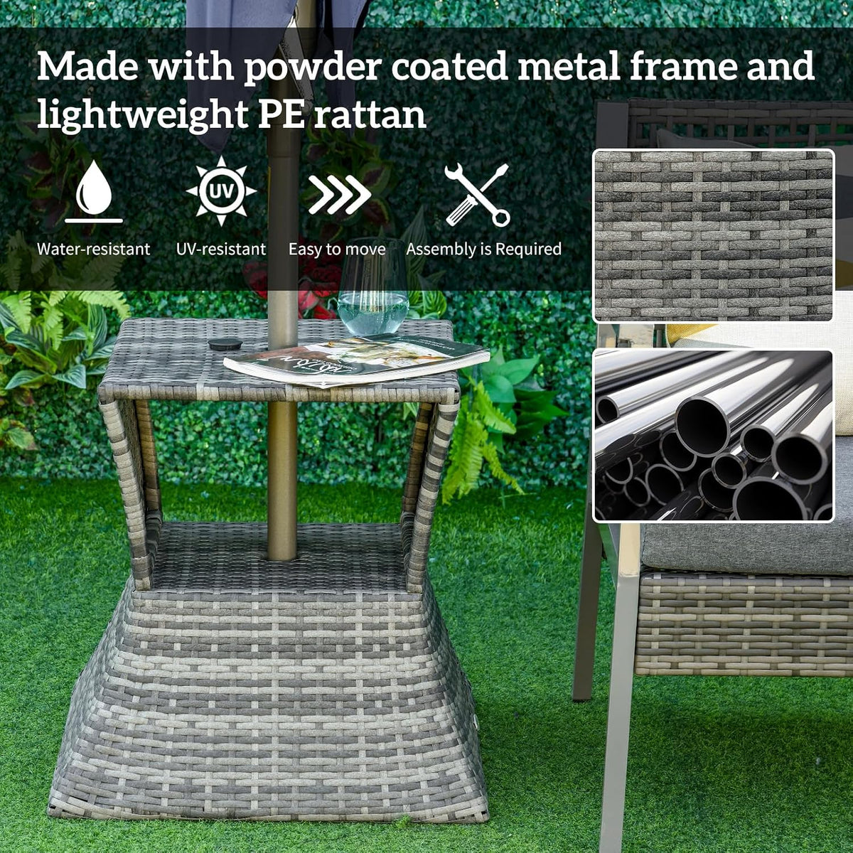 Outsunny Outdoor Side Table with Umbrella Hole 2 Tier Wicker Mixed Gray