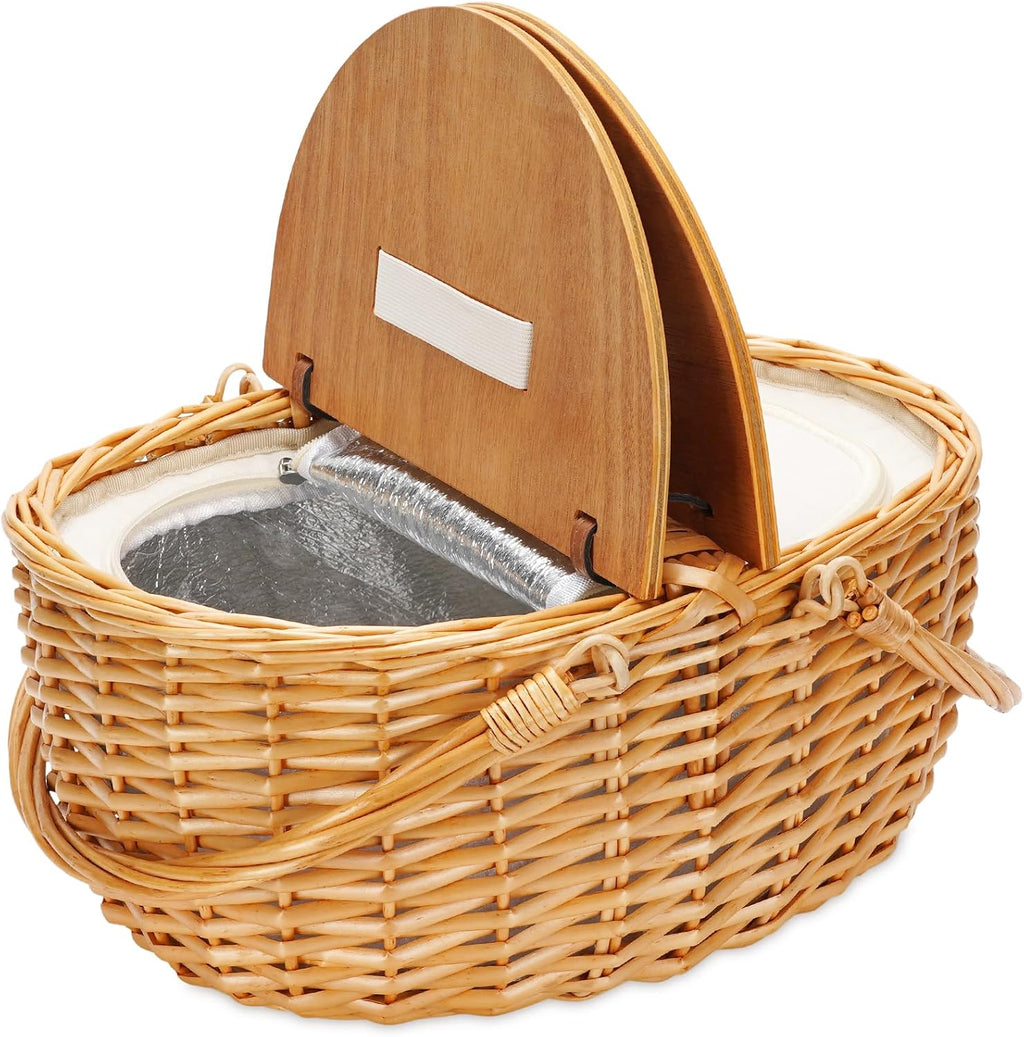 15" Cooler Picnic Basket with Blanket, Wooden Split Lid Picnic Basket
