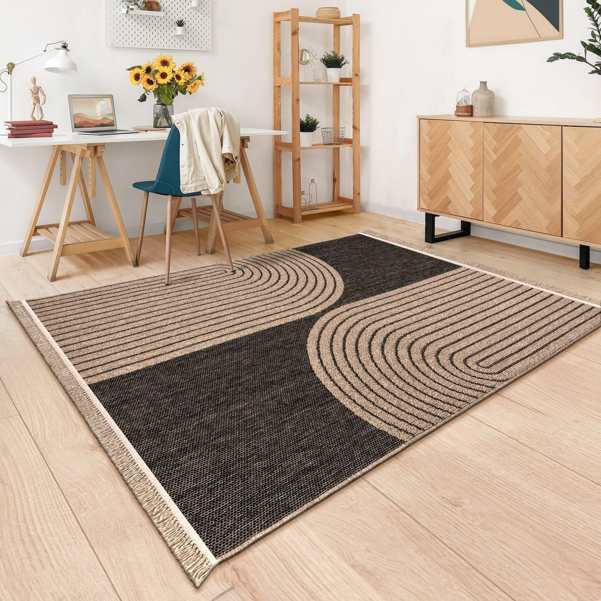 Paco Home in- & Outdoor Rug Natural Look with Modern Curved Lines in Beige Black, Size: 5'3" x 7'3"