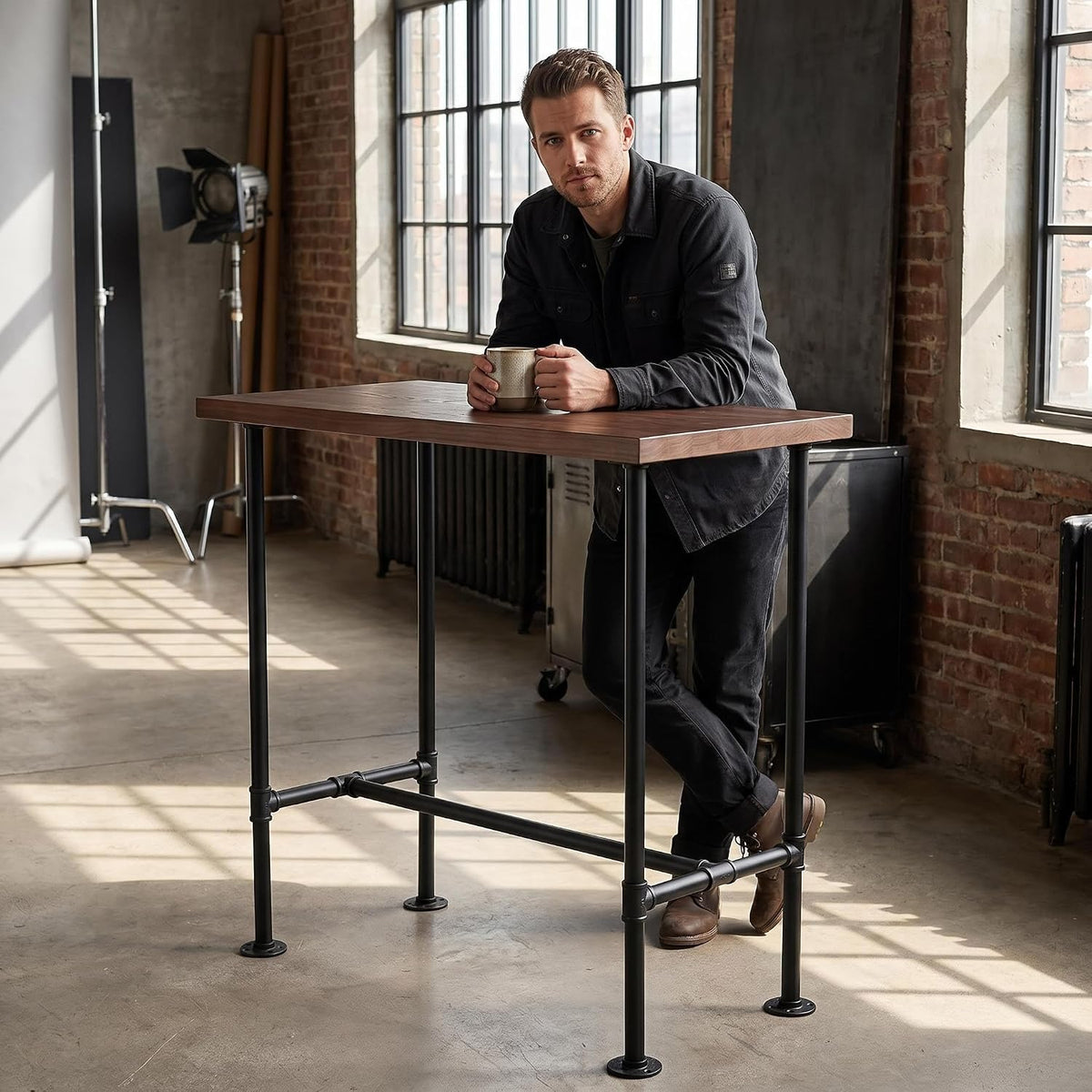 DIY Industrial Design Pipe Dining Table Casual Pub BAR Laptop Table Modern Studio Wood and Metal Rectangular Dining Table homeoffice Desk Breakfast high bar Table Brown Desktop 47.3" × 23.6"