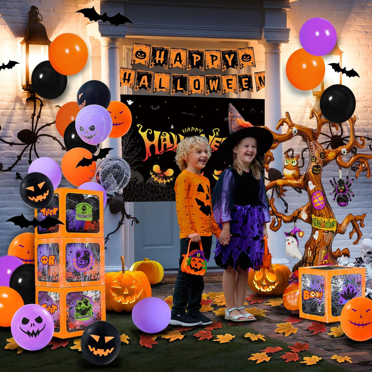 157 Pcs Halloween Party Decorations Kit, 43" Giant Tree Balloon, 4 Balloon Boxes, Happy Halloween Banner, 60 pcs Balloons, Artificial Leaves