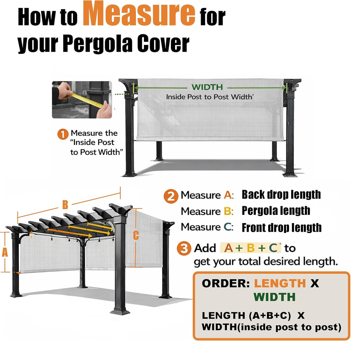 Universal Pergola Replacement Canopy Shade Cover with Breathable HDPE Fabric & Rod Pockets for 10 x 10 FT Pergola, Canopy Size: 192'' L x 106'' W (Light Grey)