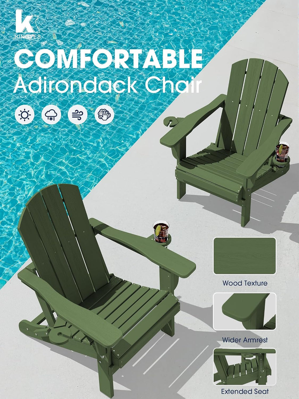 KINGYES Folding Adirondack Chair Set of 4 with 2 Cup Holders, Avocado