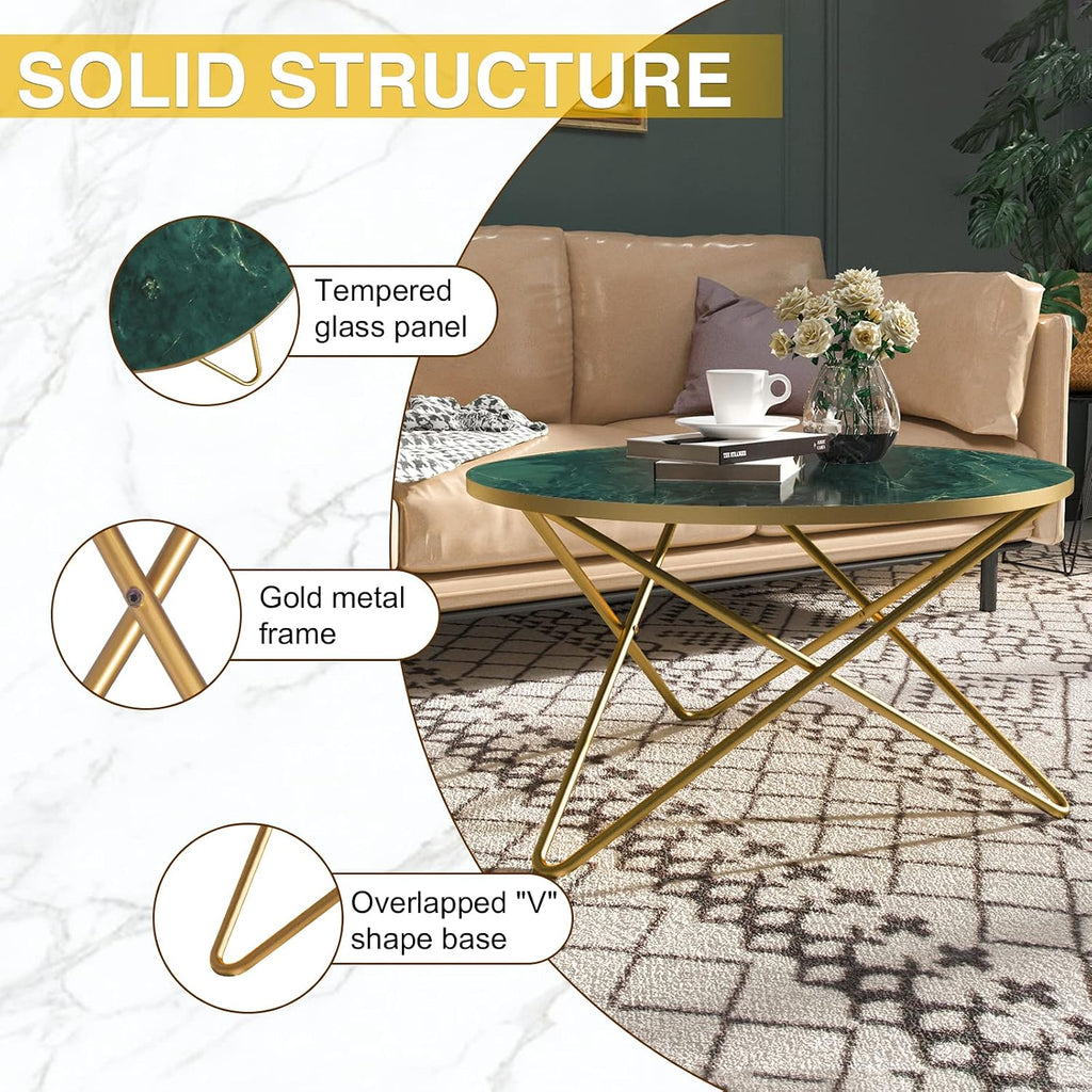 HLR Round Coffee Table with Green Faux Marble Top