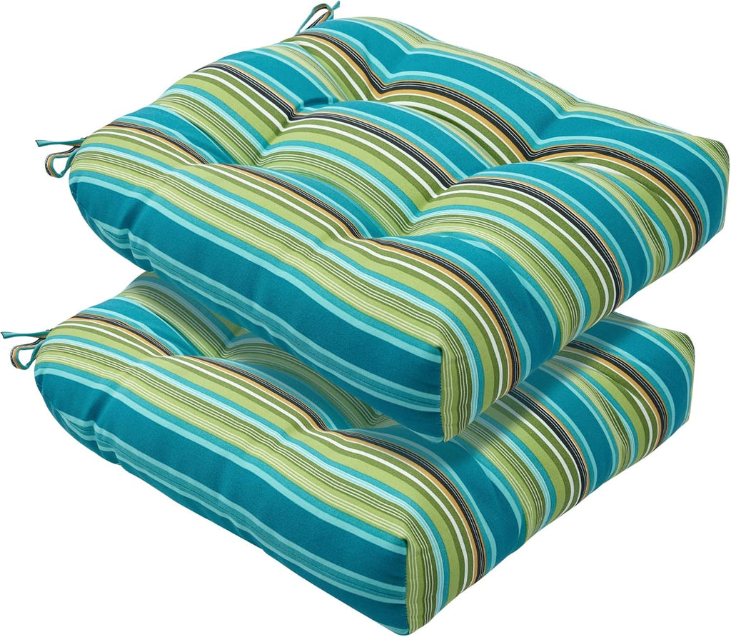 Indoor/Outdoor Tufted Seat Cushions with Ties Set of 2, 19"x19" Chair Cushions for Dining Chairs, Waterproof Chair Pads for Garden Patio Kitchen Home-Green Stripe