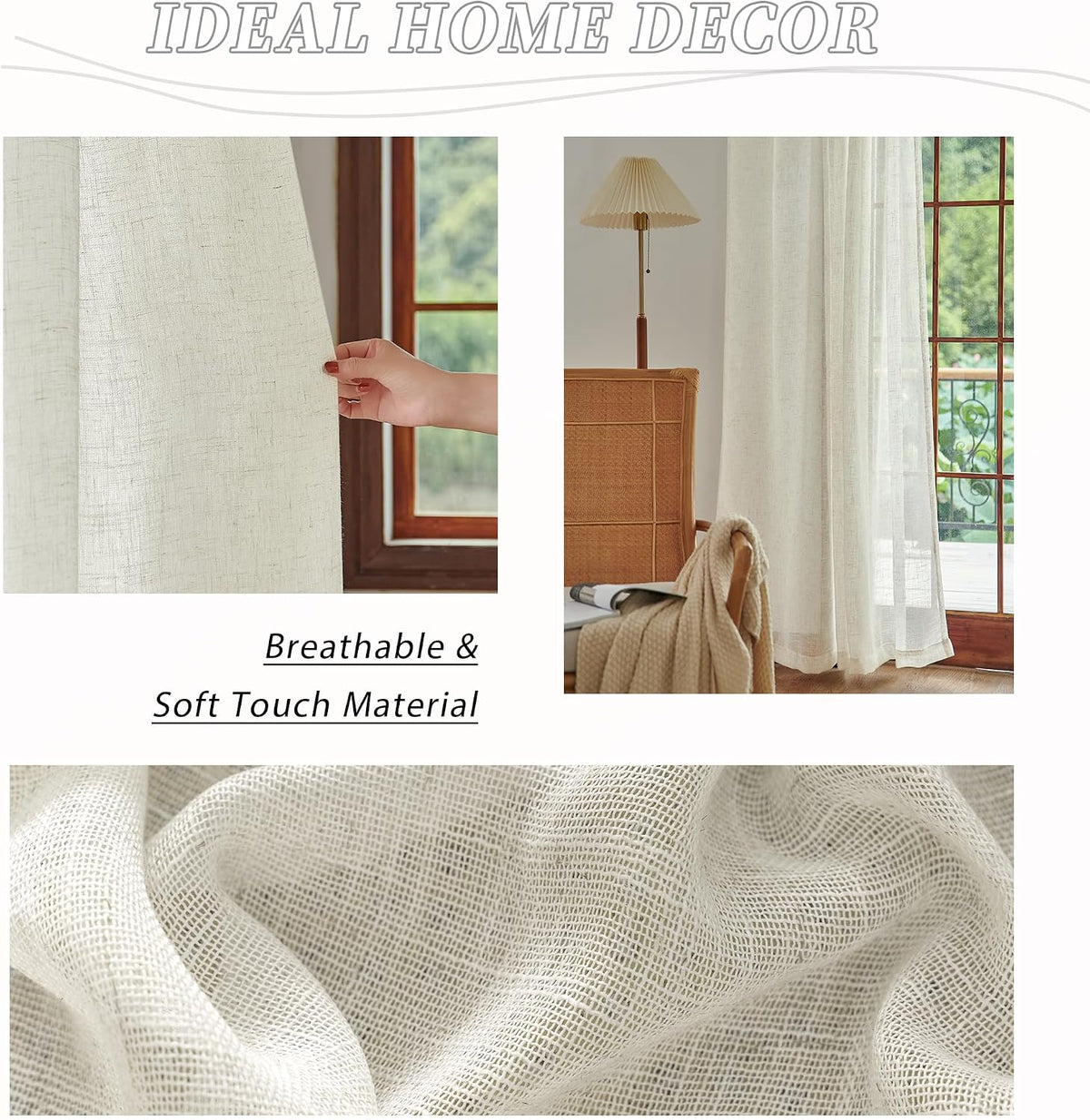 Natural Linen Beige Sheer Curtains 96 Inches Long for Living Room Farmhouse Rod Pocket Back Tab Light Filtering Soft Natural Linen Semi Privacy Sheer Window Drapes for Bedroom 8 FT Tall 60x96 2 Panels