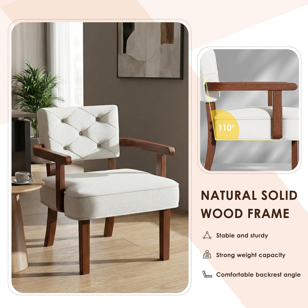 Accent Chairs Set of 2, Mid-Century Modern Arm Chairs with Wood Arms