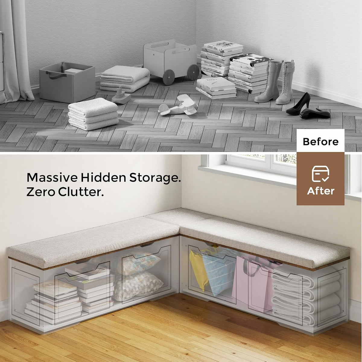 L Shaped Storage Corner Bench, 63" Breakfast Nook, Flip-Top Storage Compartment Bench for Entryway, Kitchen, Dining Room, Hallway Cloakroom Organization, Bench Only