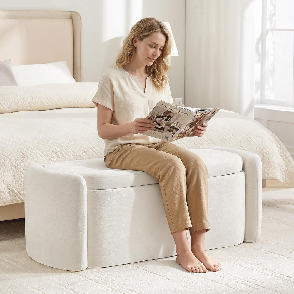 Oval Ottoman Bench with 20 Gal Storage Space Upholstered Chenille Seating End...