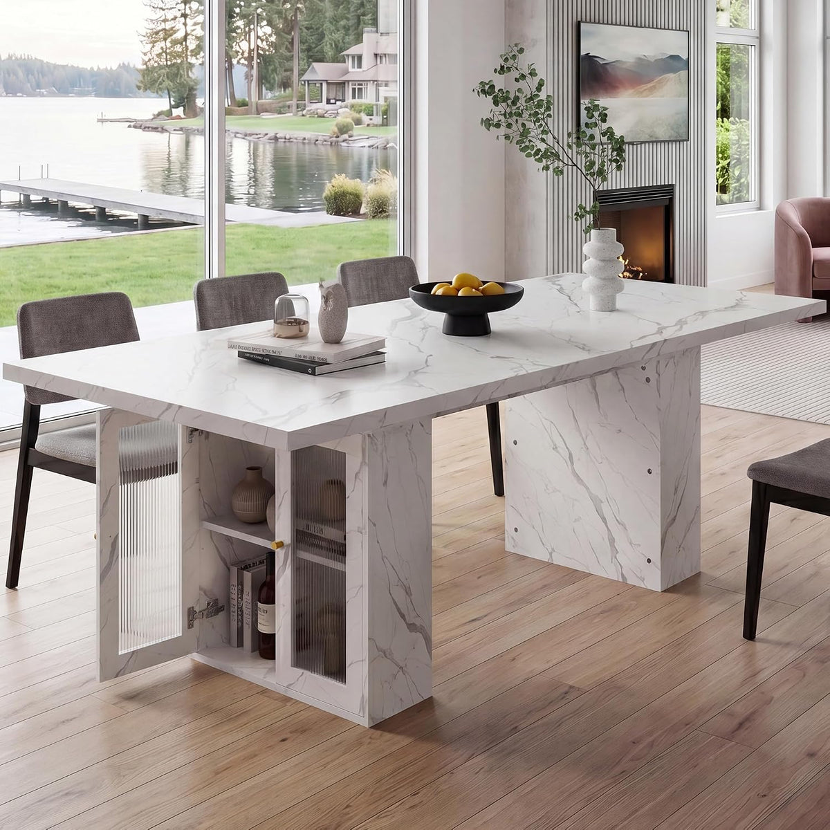 51"-78" Extendable Dining Table for 4-8, White Faux Marble Dining Table