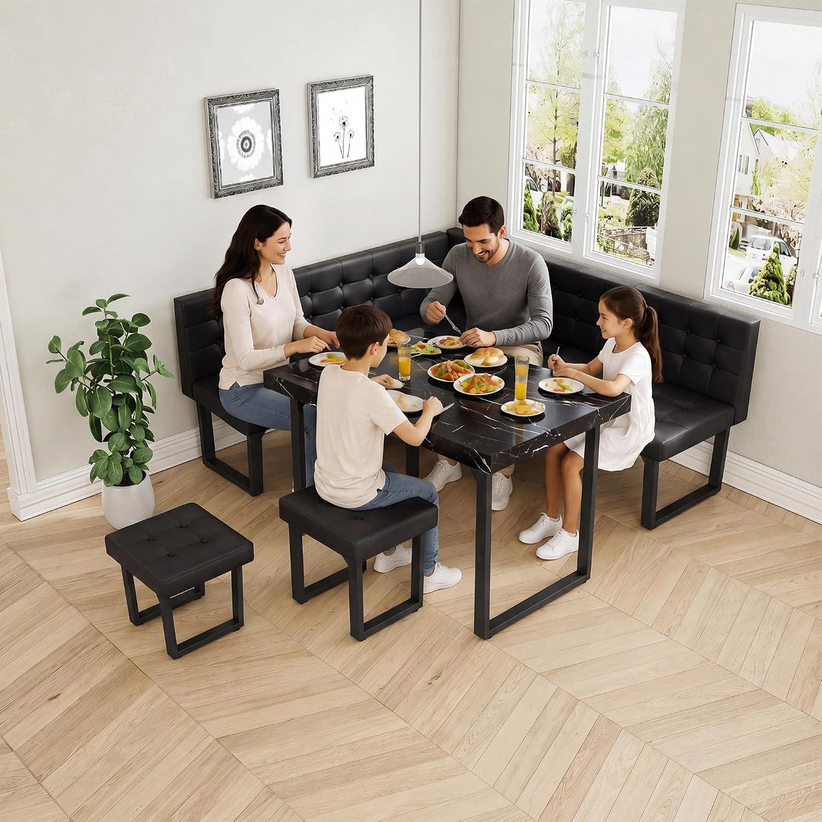 XIAO WEI Corner Dining Table Set for Small Spaces, 72 Inch Breakfast Nook with Storage Banquette, 5 Piece Dining Set with Upholstered Bench, Modern Black