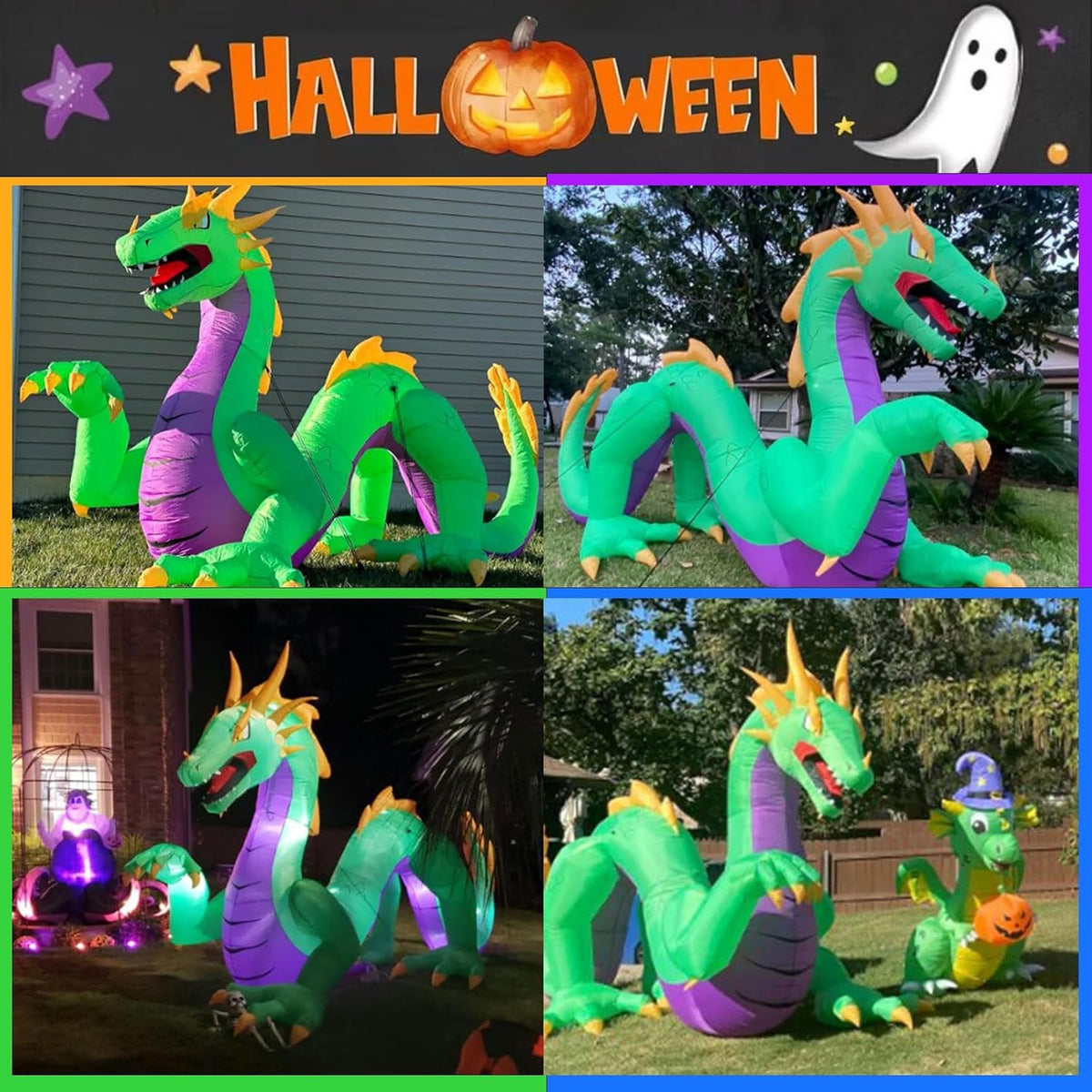 11FT Length Giant Green Halloween Inflatable Dragon, Blow Up Dragon Outdoor Halloween Inflatables Decorations Built-in 5 Bright Led Lights