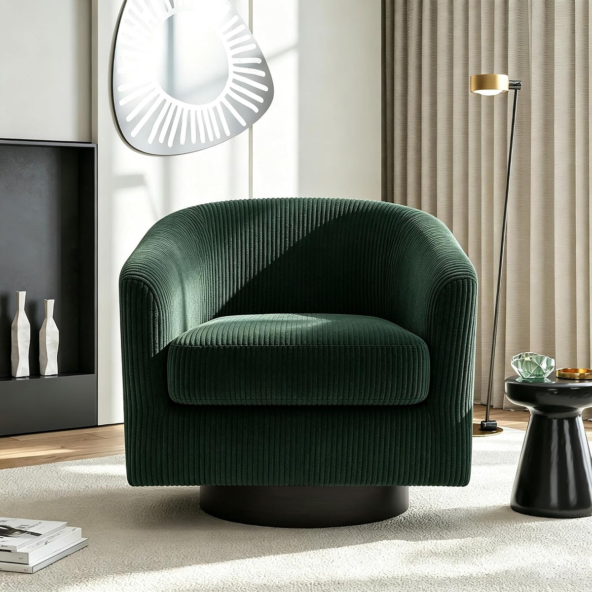 Swivel Barrel Chairs Set of 4, Corduroy Accent Chair, Dark Green