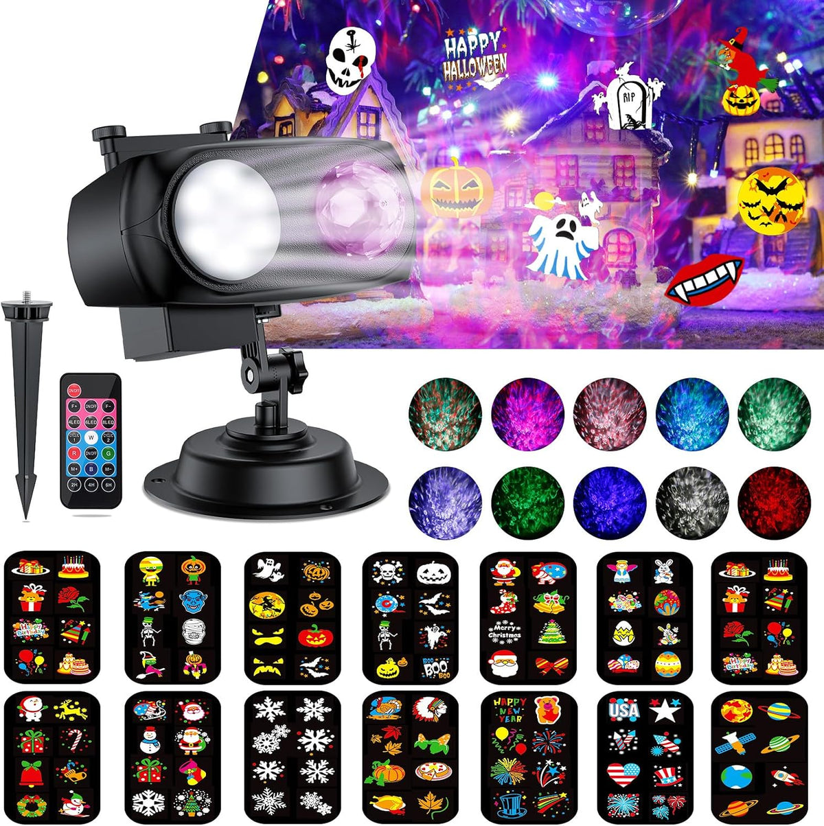 Brighter Halloween Christmas Outdoor Projector Lights with 14 HD (3D Ocean Wave+Patterns) Replaceable Slides, Waterproof for Indoor Outdoor Xmas Theme Party Yard Garden Decoration