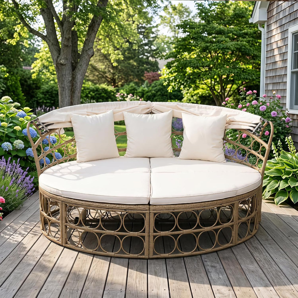 Tangkula Round Outdoor Patio Daybed with Retractable Canopy & Cushions