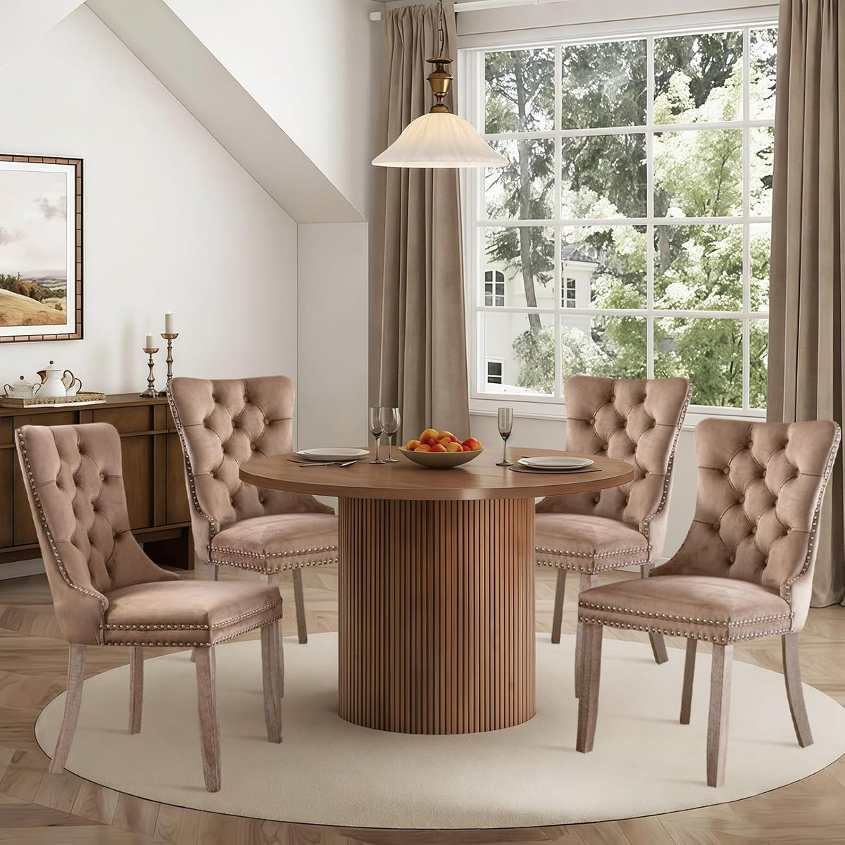 SoarFlash Velvet Dining Chairs Set of 2, Tall Back Side Chair, Modern Upholstered High-end Tufted Side Chair with Button Back Ring, Solid Wood Legs (Khaki)