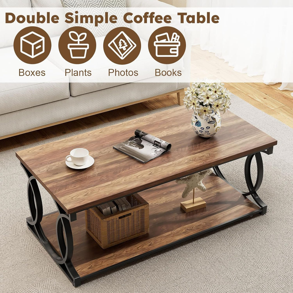 Coffee Table, 47"Brown Industrial Rustic Storage Table for Living Room