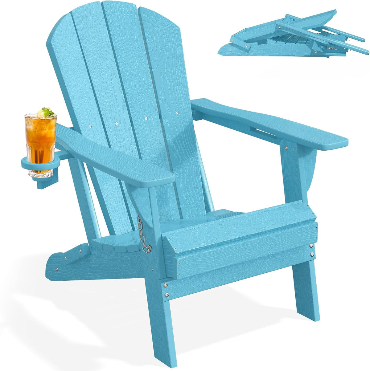 PLUUV Folding Adirondack Chair, HDPE Fire Pit Chair with Cup Holder, Aruba