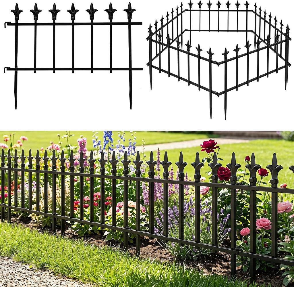 Giantex 5 Panels Decorative Metal Garden Fence, 9 FT No Dig Garden Border Fence with Fleur-de-Lis Finials, 17" H Heavy Duty Flower Bed Edging Fence, Folding Landscape Fencing for Yard, Pathway