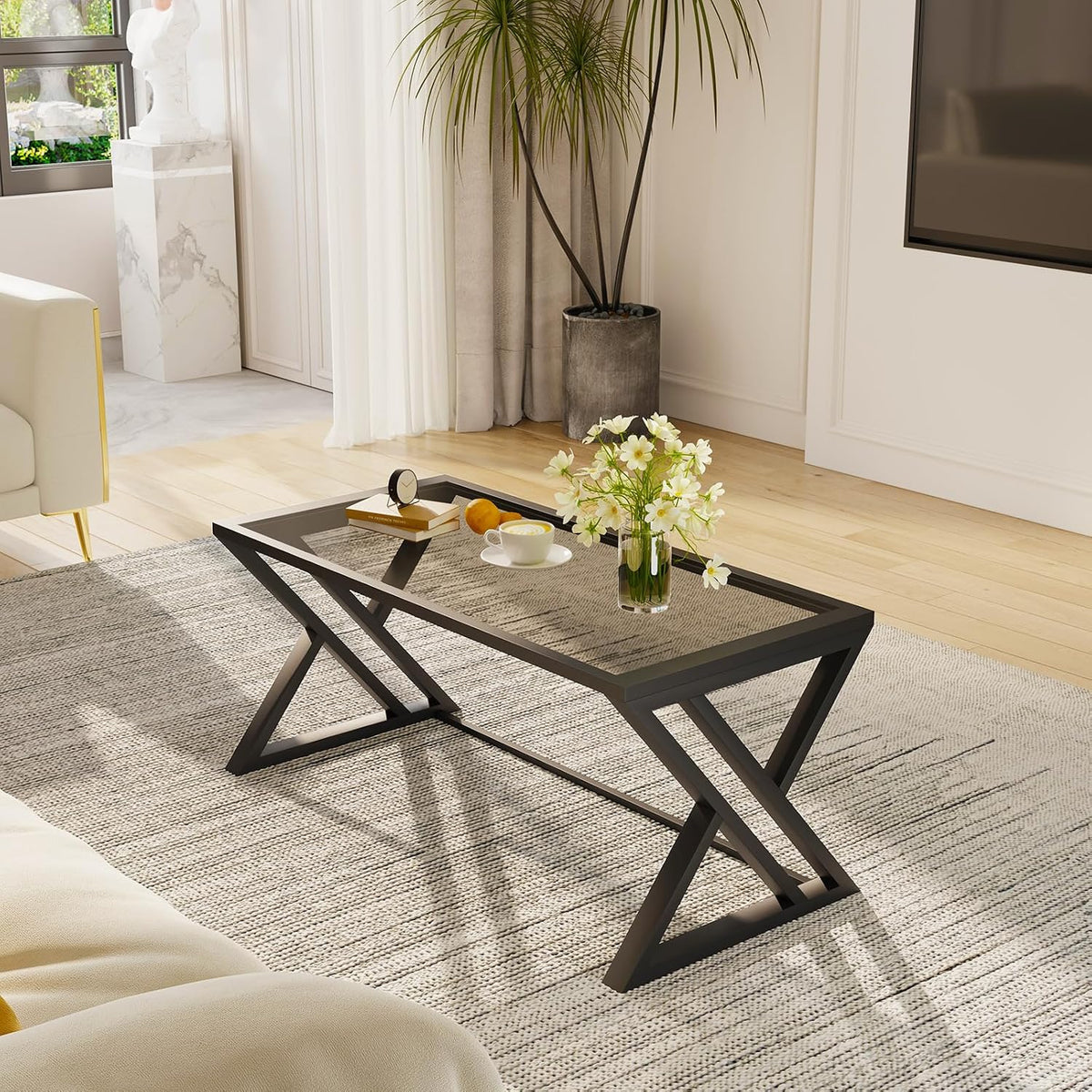 Wolawu Coffee Table Grey Glass Coffee Table for Living Room,Modern Rectangular Center Table with Sturdy Metal Frame,Tempered Glass Tables for Bedroom Home Office