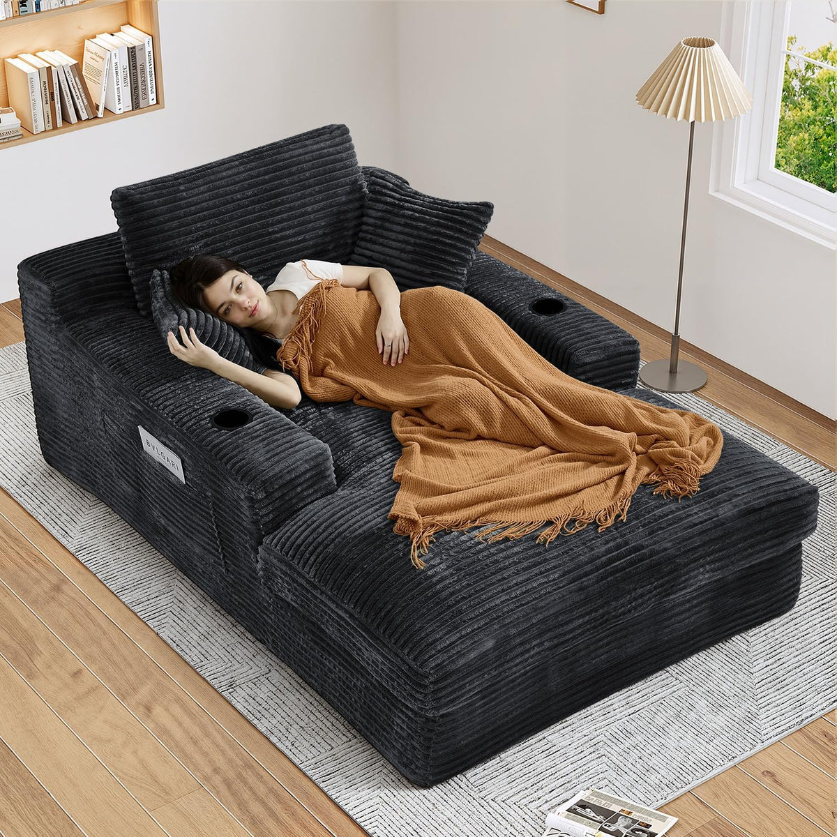 75.9"D Oversized Chaise Lounge Chair Indoor with Cup Holders,Dark Grey