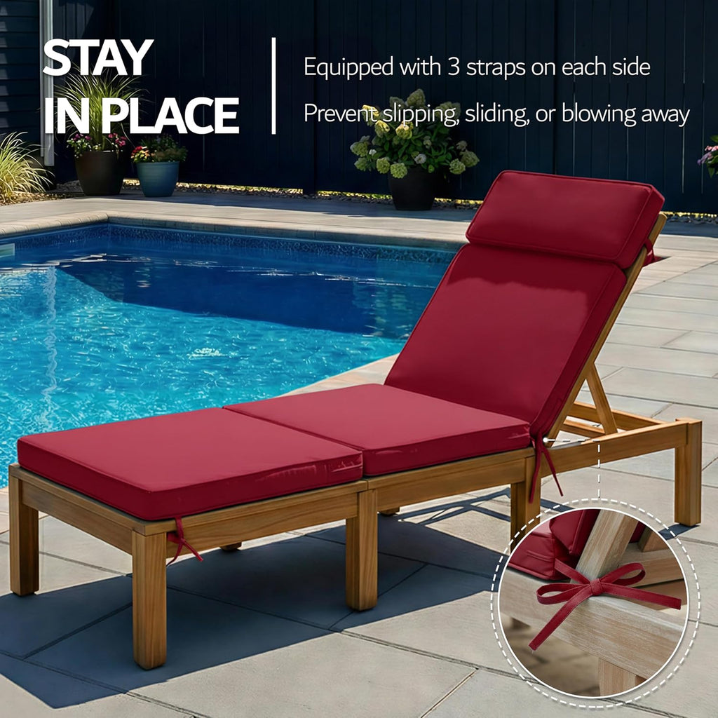 80 x 26 Inch Outdoor Chaise Lounge Cushions Set of 2 - Removable Cover, 4-Section Design, Water-Repellent & Fade-Resistant, 6 Tie Straps, Replacement for Patio & Pool Chairs - Burgundy