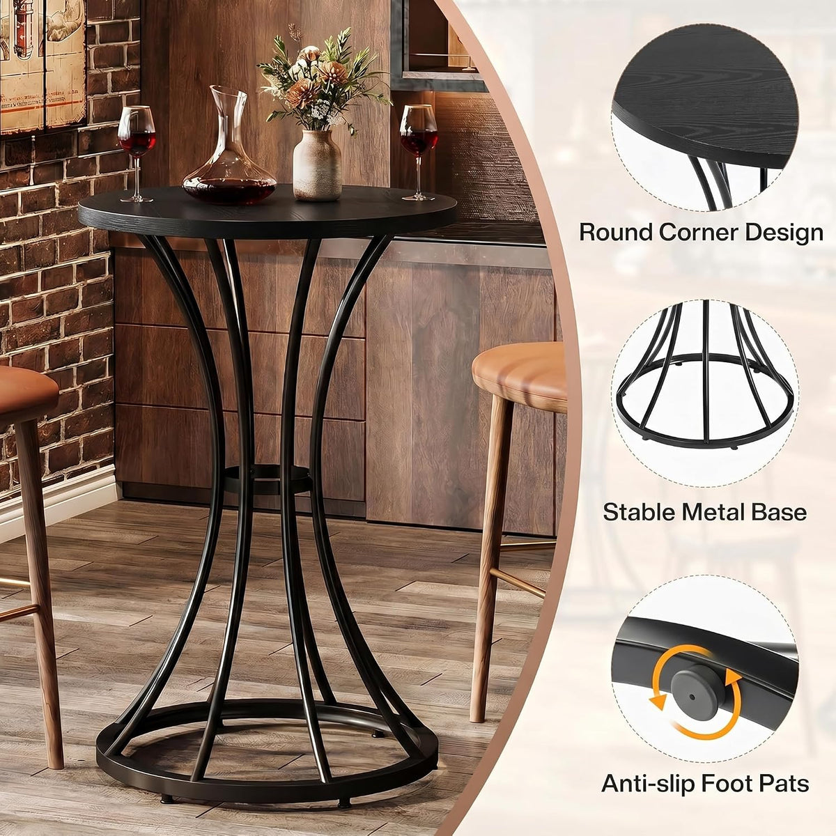 Tribesigns 37.4" H Bar Table, Round Bar Table with Curved Metal Base, High Top Pub Table for Small Spaces, Living Room, Kitchen, or Apartments (Black) (1)
