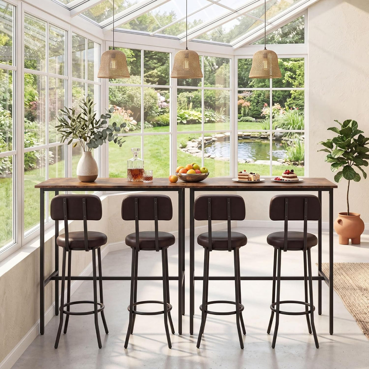 GIANTEX 3-Piece Bar Table and Chairs Set, Counter Height Pub Table and 2 Upholstered Stools with Backrest & Footrest, Space-Saving High Top Bistro Table Set for Breakfast Nook, Small Space