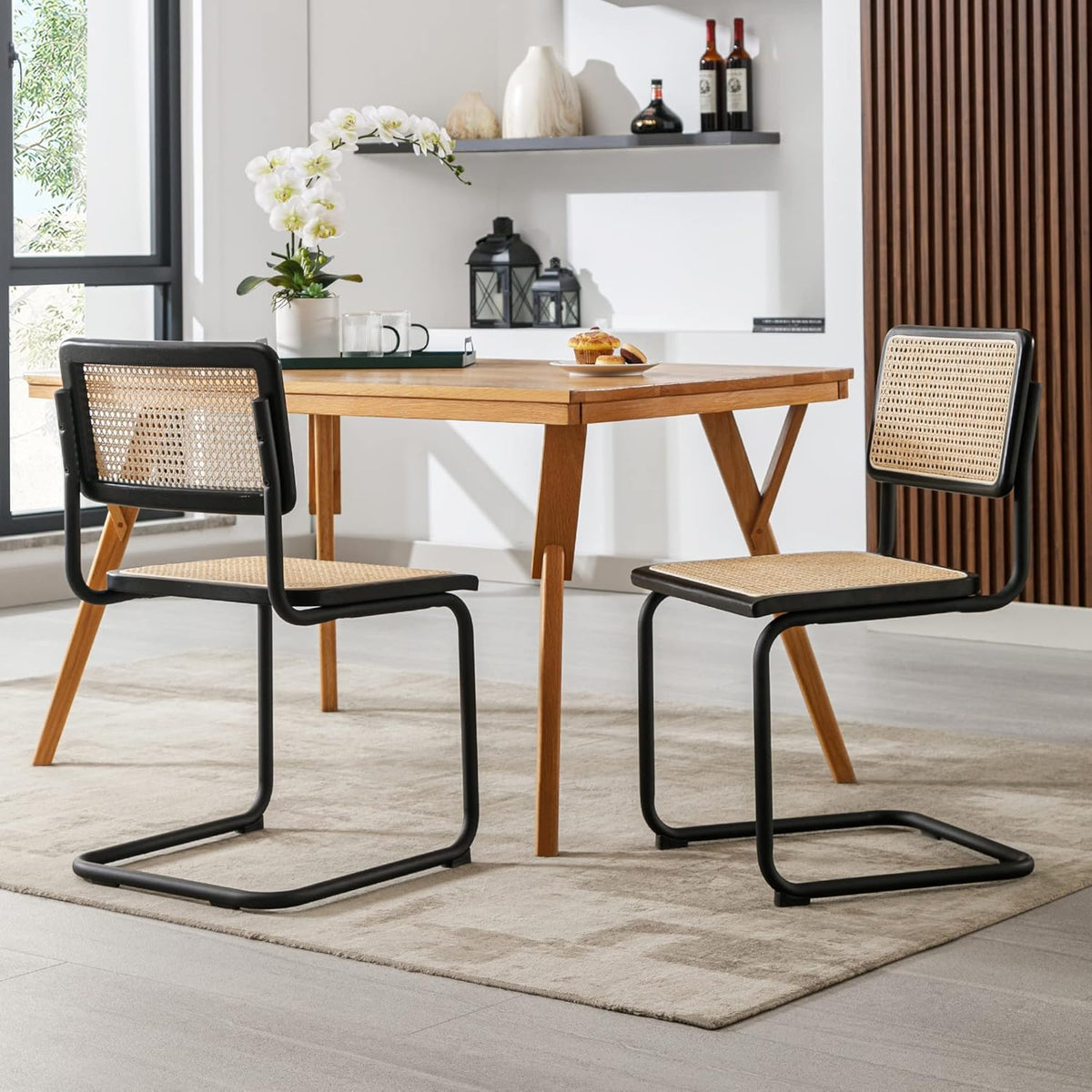 Flouki Rattan Dining Chairs Set of 4, Boho Accent Chairs for Kitchen Room with Natural Cane Mesh, Mid Century Cantilever Design, Solid Rubber Wood