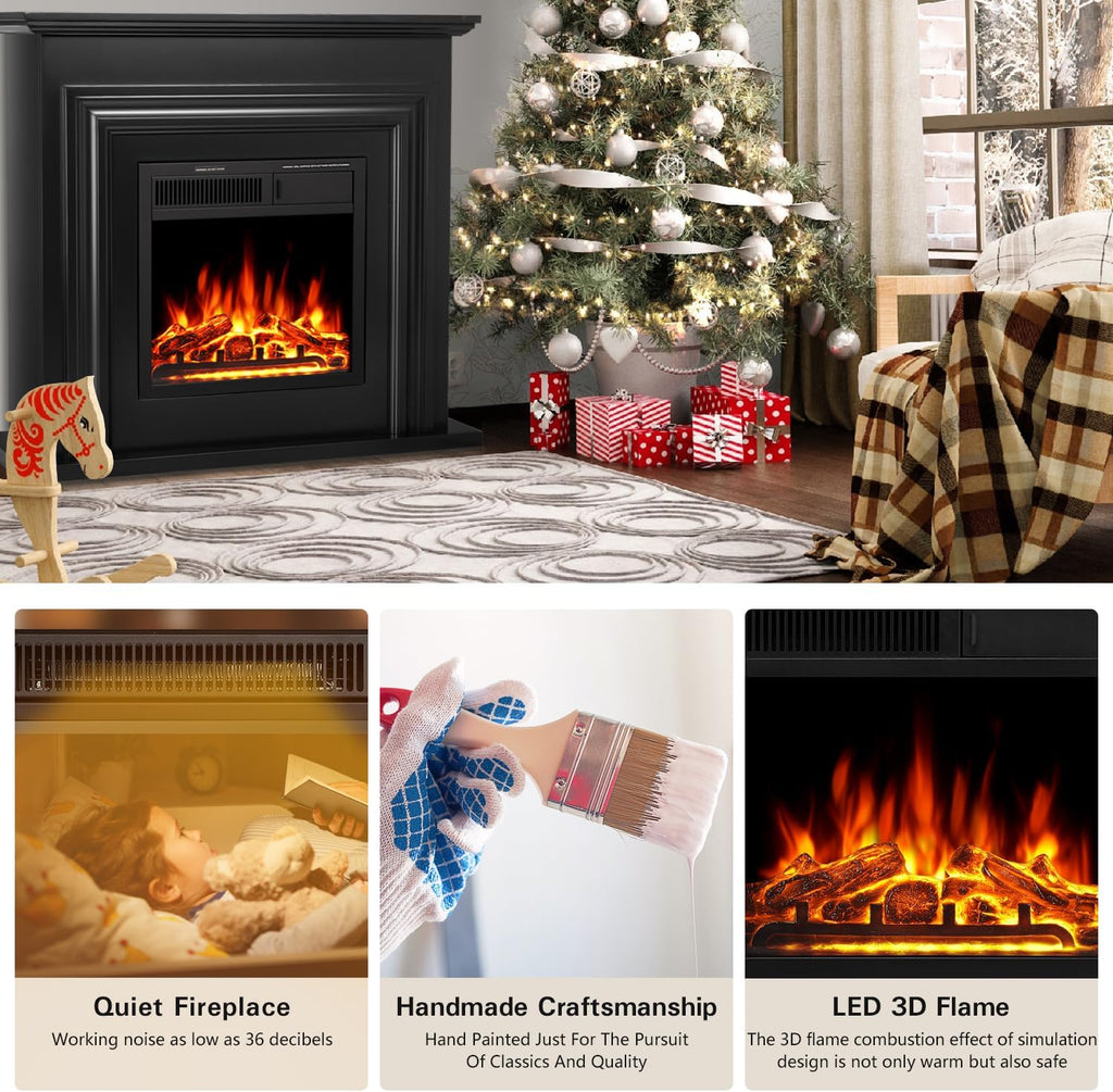 R.W.FLAME Electric Fireplace Mantel Wooden Surround Firebox, 36" Black TV Stand with Freestanding Electric Fireplace,Remote Control, Adjustable Led Flame, 750W/1500w
