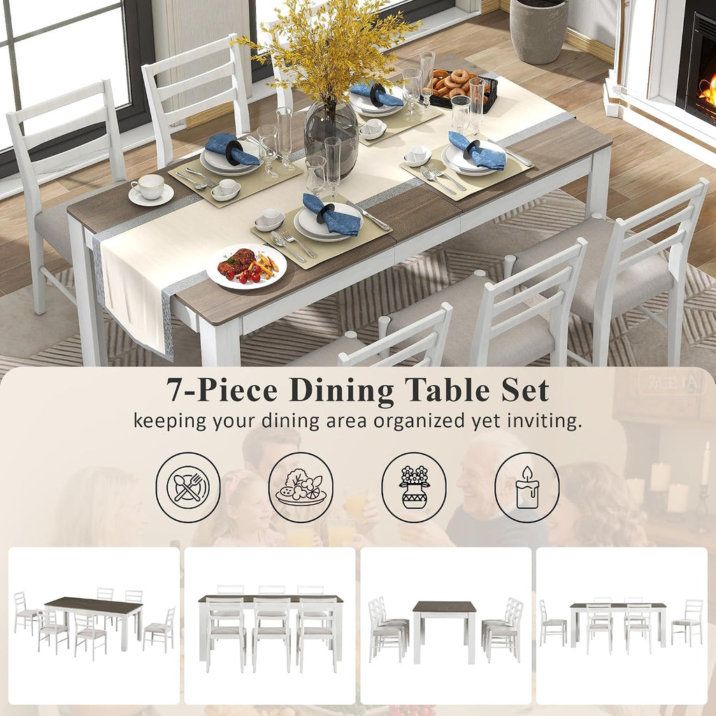 7 Pieces Dining Table Set Wooden Rectangle Extendable Table with 12” Leaf and 2 Drawers, 6 Dining Chairs with Soft Cushion, Kitchen Dining Room Set for 6 Persons (Brown + White)