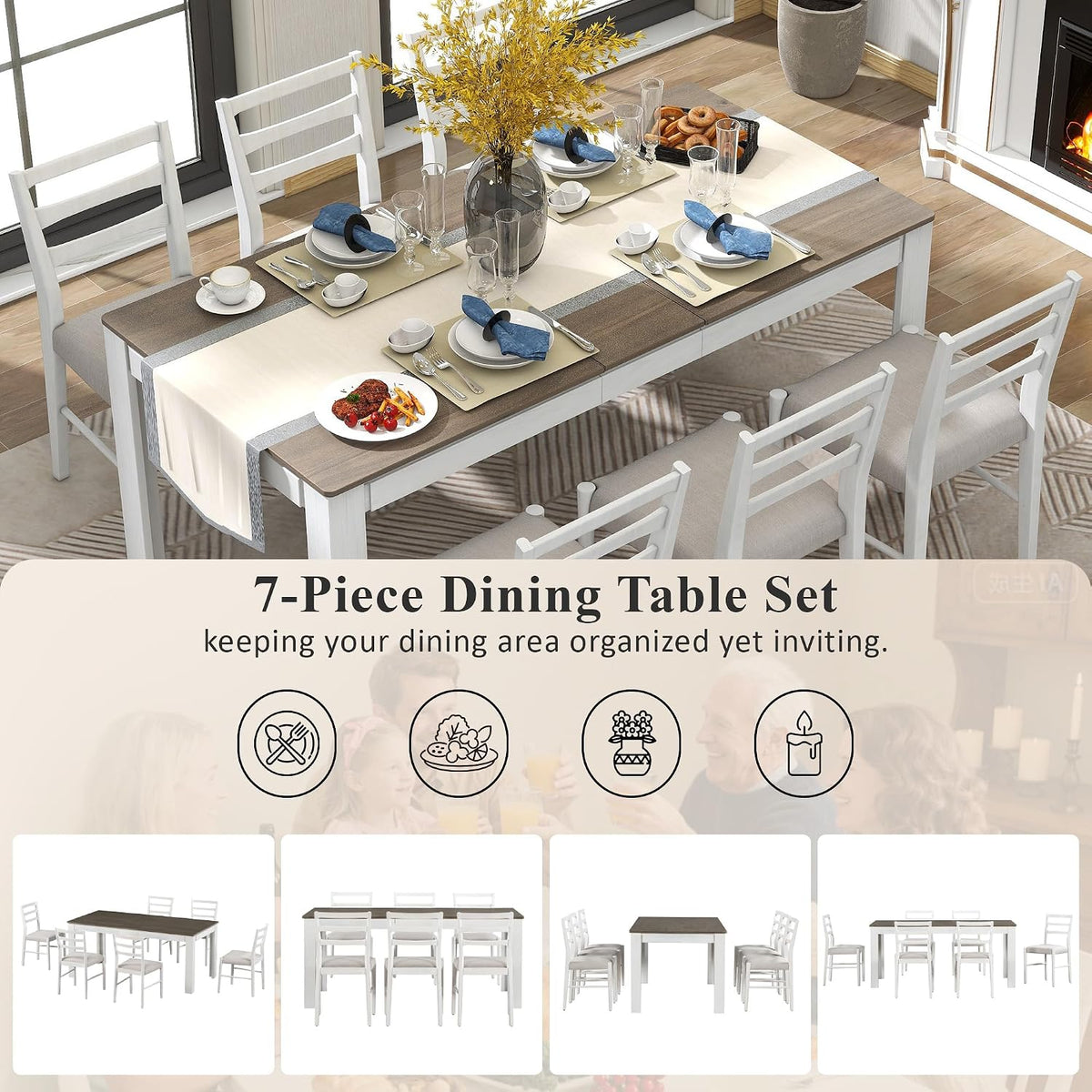 7 Pieces Dining Table Set Wooden Rectangle Extendable Table with 12” Leaf and 2 Drawers, 6 Dining Chairs with Soft Cushion, Kitchen Dining Room Set for 6 Persons (Brown + White)
