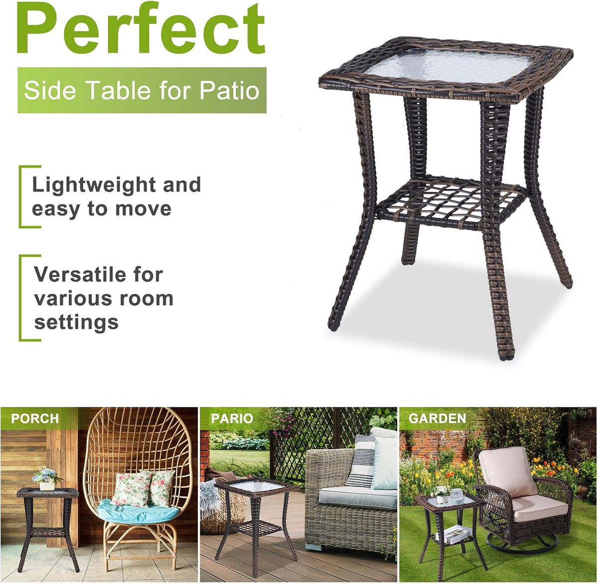 Outvita Rattan Outdoor Side Table with Glass Top & Storage Shelf