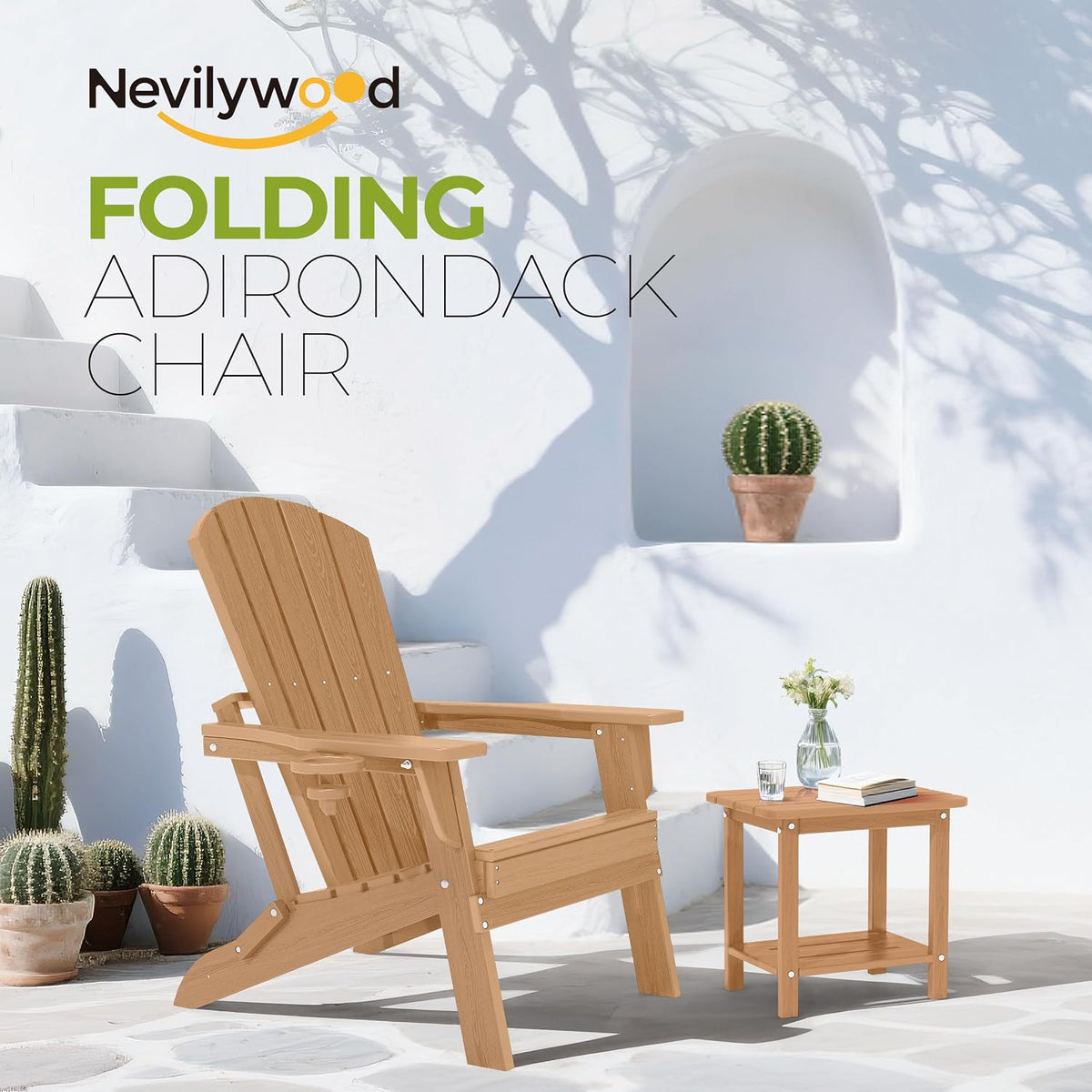 nevilywood Folding Adirondack Chairs Set of 4, HDPE Cup Holders, Teak