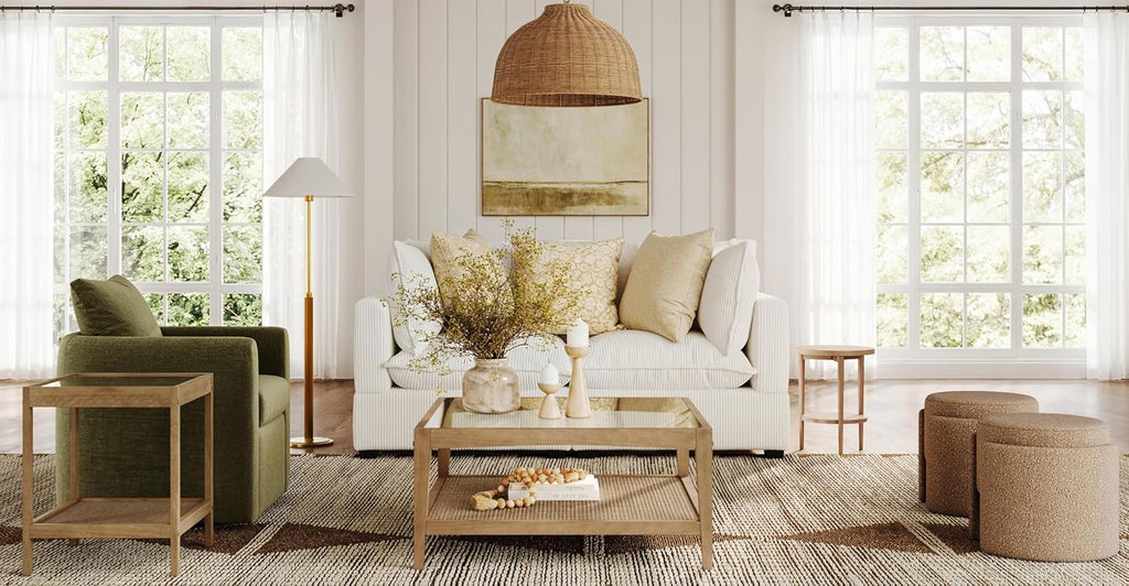 Nathan James Hayes Glass Top Coffee Table, Solid Wood Coffee Table with Glass Top and Rattan Bottom Shelf, Light Brown