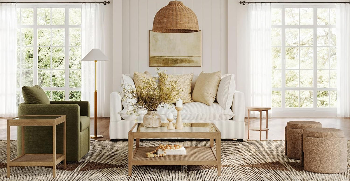 Nathan James Hayes Glass Top Coffee Table, Solid Wood Coffee Table with Glass Top and Rattan Bottom Shelf, Light Brown