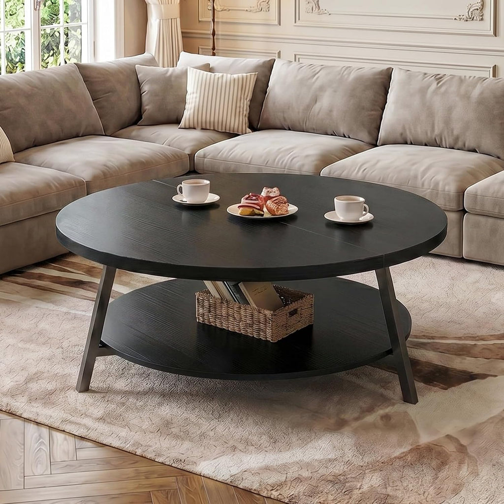 Armocity 35.4" Round Wood Coffee Table with 2-Tier Storage, 1" Thick Top