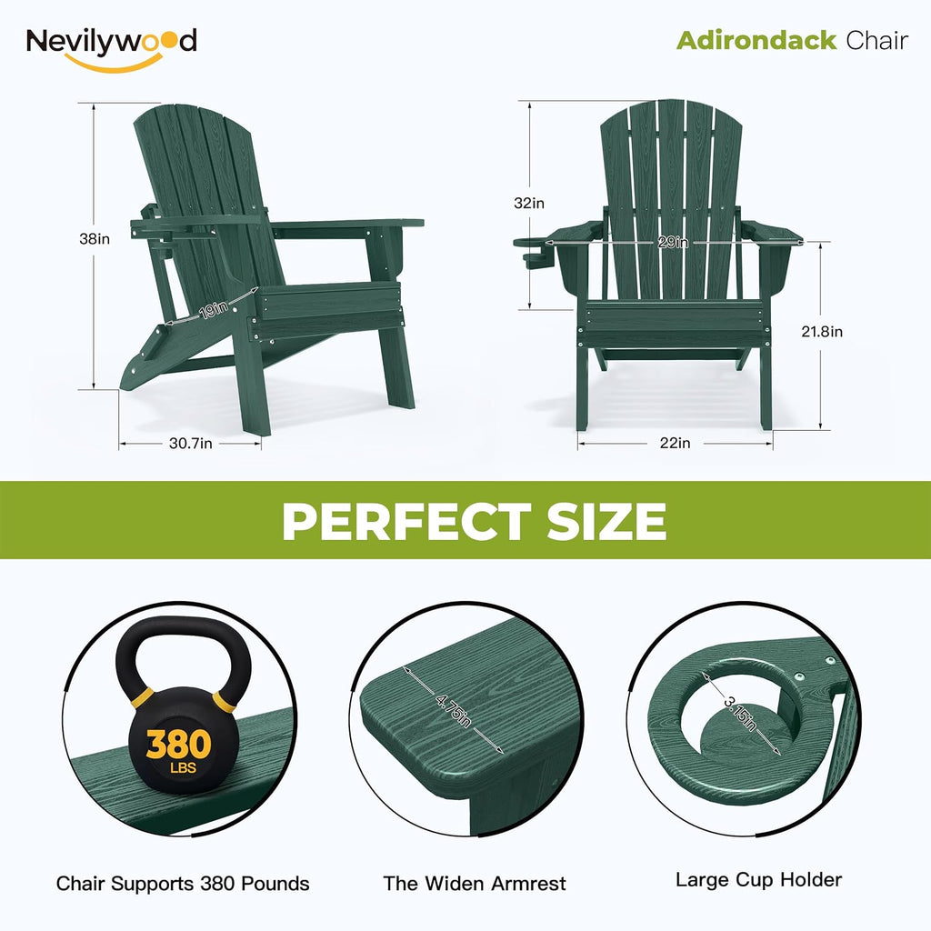nevilywood Folding Adirondack Chairs Set of 2, HDPE Cup Holders, Green
