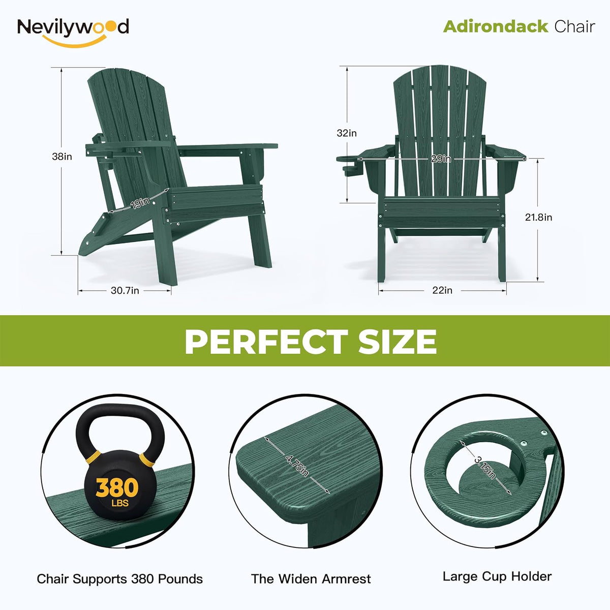 nevilywood Folding Adirondack Chairs Set of 2, HDPE Cup Holders, Green