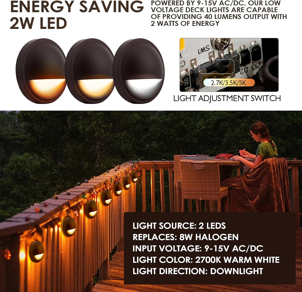 led low voltage deck lights outdoor waterproof,6-pack 3cct, side view