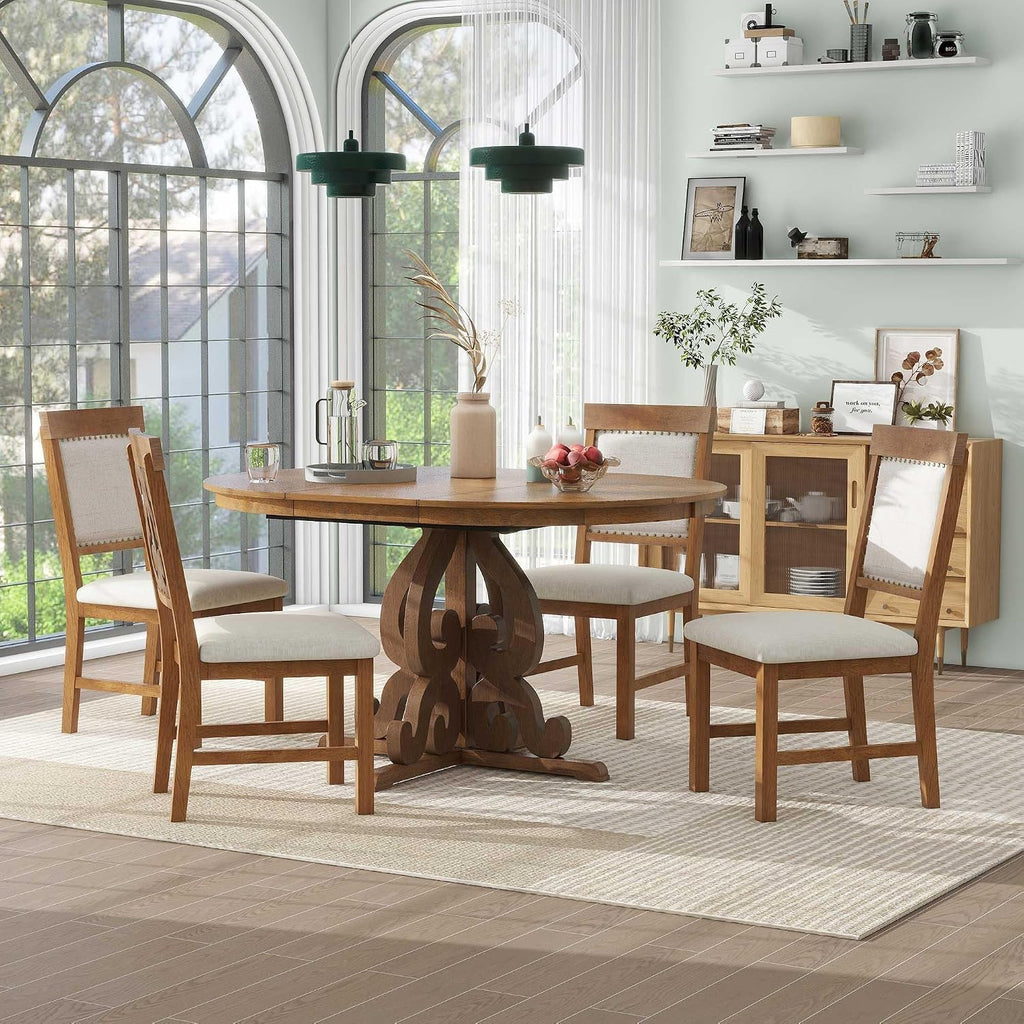 Merax Dining Table Set for 4, Extendable Round Tabletop, Upholstered Chairs