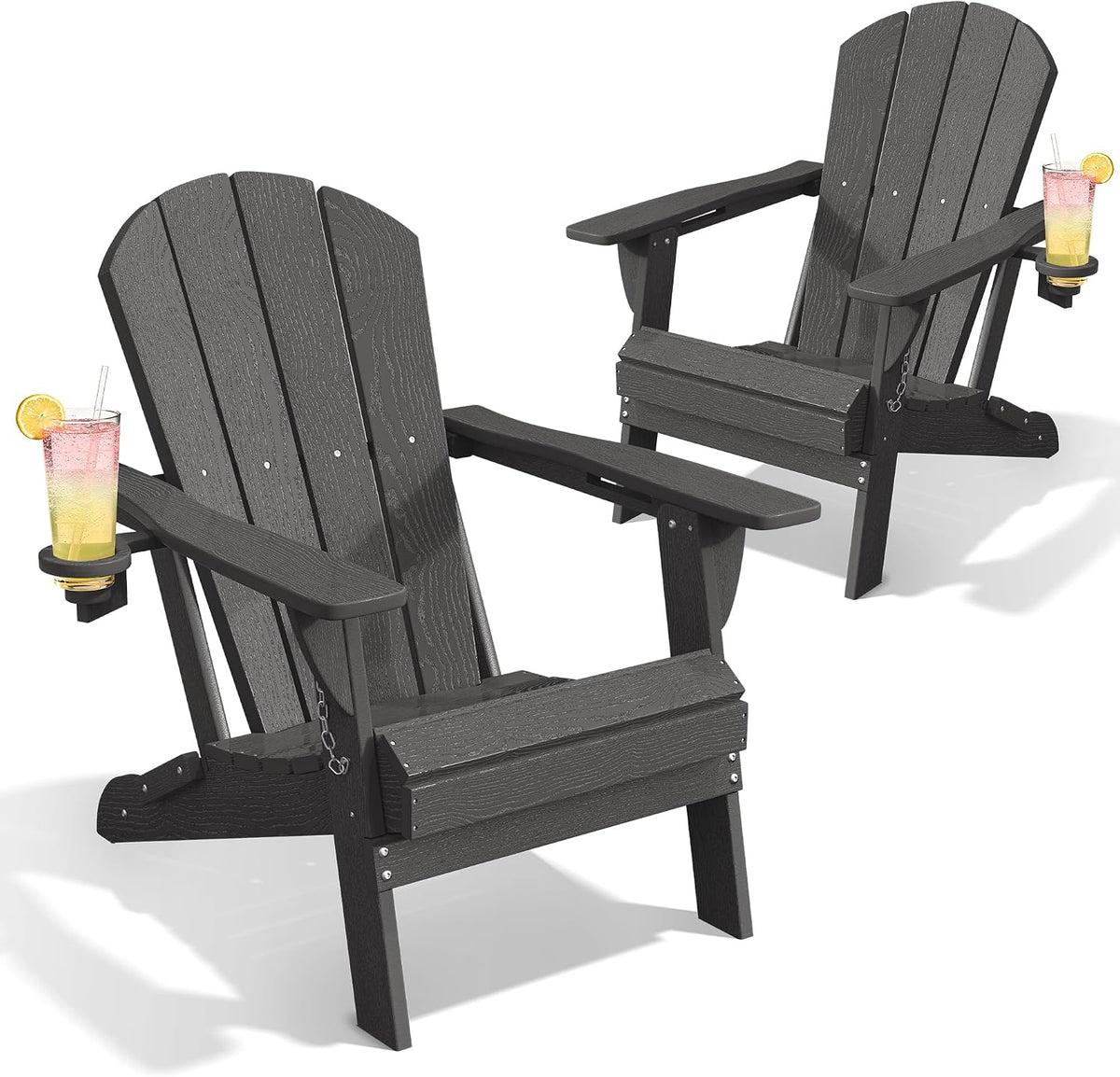 AreShark HDPE Folding Adirondack Chair with Cup Holder, Set of 2, Gray